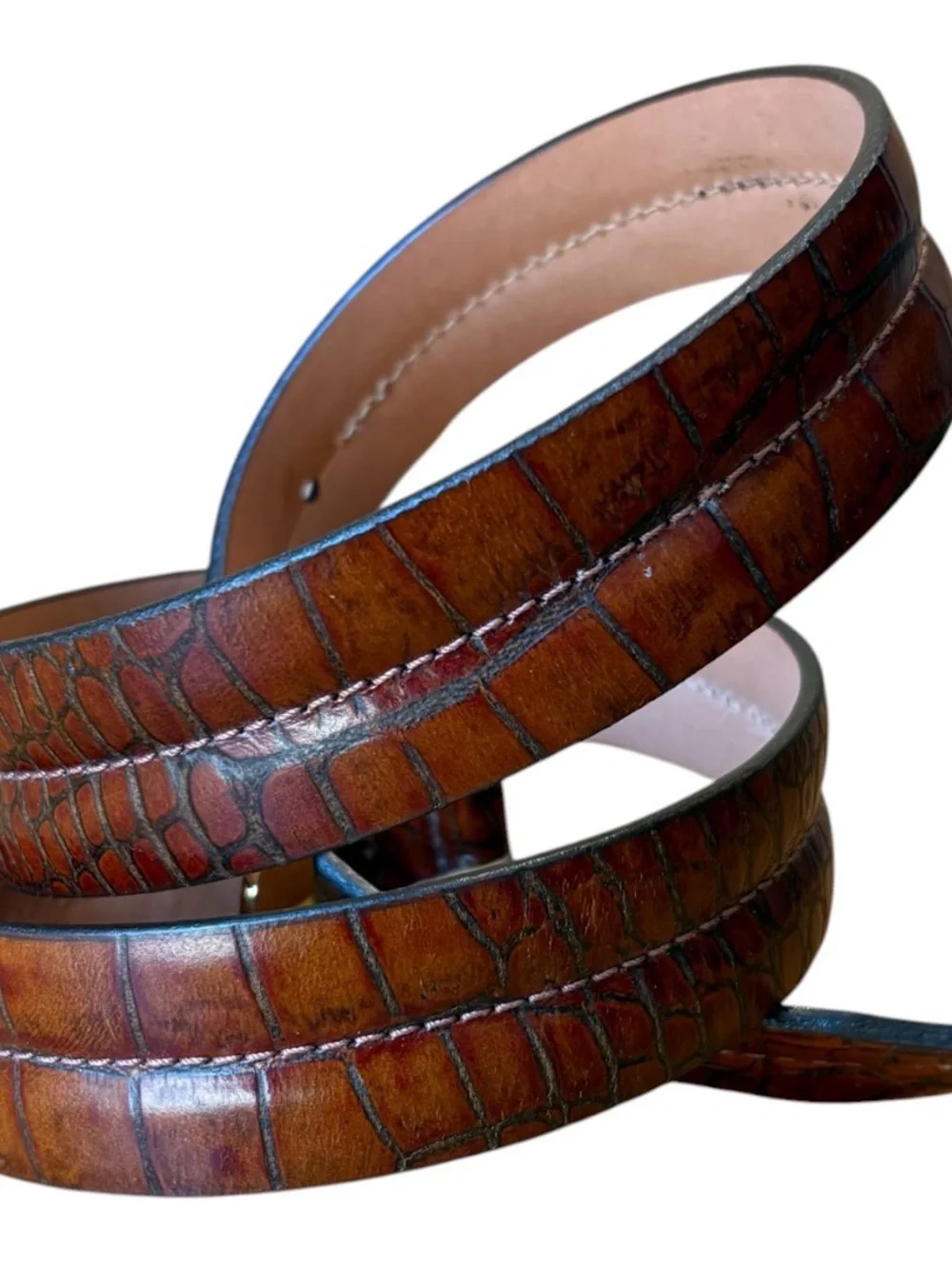 Alligator Grain Chestnut Brown Calf Leather Men’s Size 38 Belt Gold Buckle